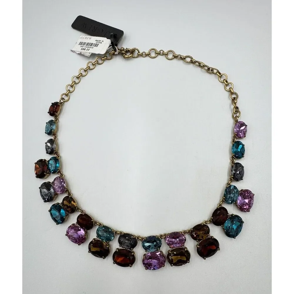 J.Crew Gold Tone Blue Purple Red Oval Rhinestone Statement Necklace New With Tag - Picture 5 of 9